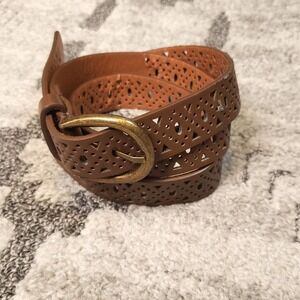 Brown Die-cut Faux Leather Belt Brass toned Buckle